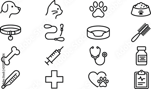 Konstfotografi Pet Care Icon Set with Dog, Cat, Paw, Food Bowl, Collar, Leash, Stethoscope, Syr
