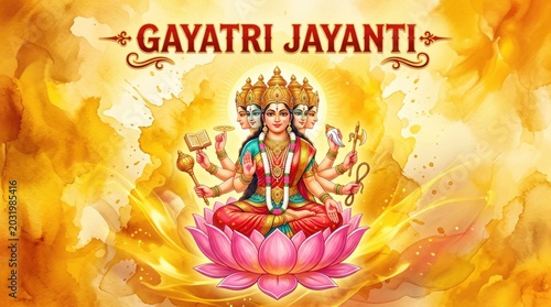 Hindu goddess Gayatri sitting on lotus flower with flames