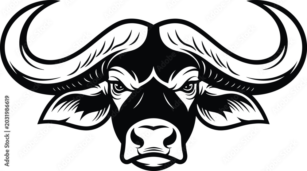 Obraz premium Aggressive African cape buffalo head logo in bold black and white vector style