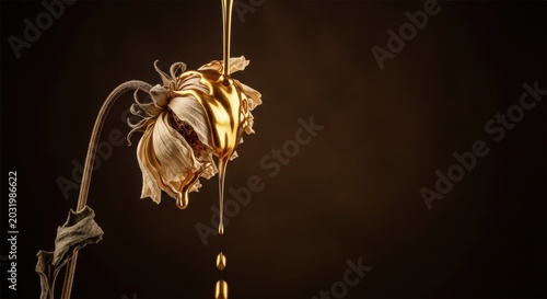Wilted flower being filled with golden liquid creating artistic visual effect against dark background suitable for luxury product advertising and creative
