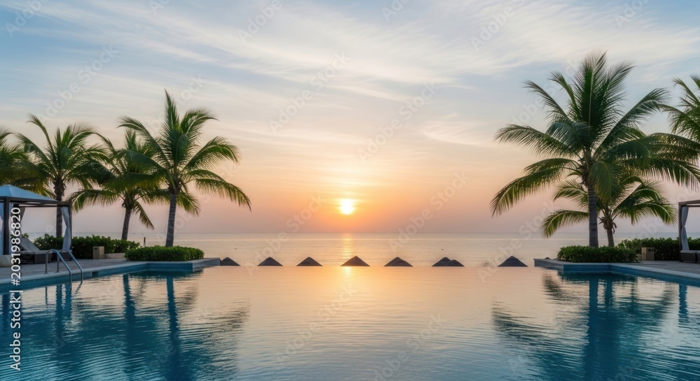 Fototapeta premium Tropical Resort Pool at Sunset Paradise.