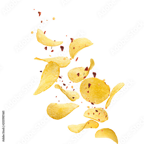 Fotografie seasoning potato chips flying in mid-air