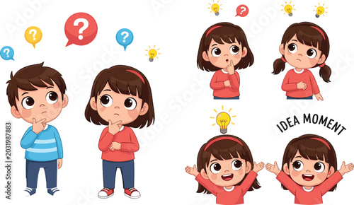  Cute Cartoon Kids Thinking and Idea Moment Character Set with Boy and Girl, Question Marks and Light Bulb for Education, School, and Children's Design Projects