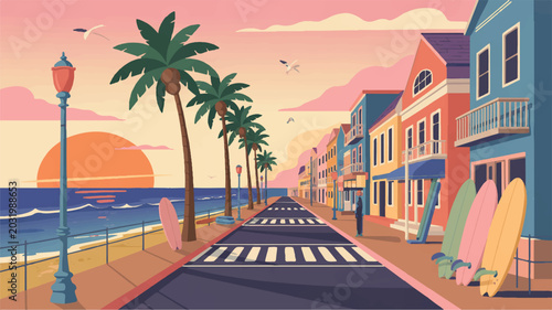 colorful beachside road with palm trees and surfboards on a sunny day