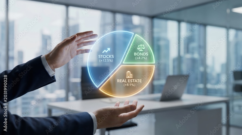 Obraz premium Diverse Investment Portfolio and Wealth Management Concept: Hands Interacting with Glowing 3D Holographic Pie Chart of Stocks and Bonds