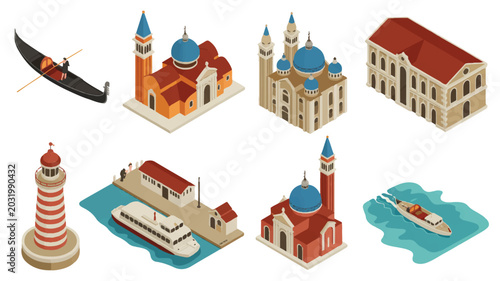 Isometric illustrations of Venetian landmarks and boats on white background