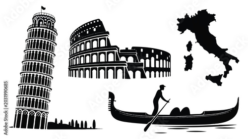 italian landmarks and map in black silhouette on white background