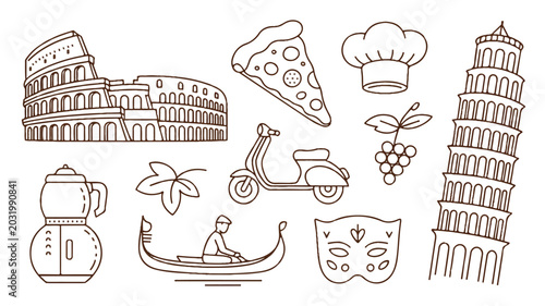 Italian travel and food icons in line art style on white background