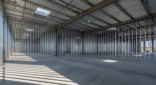 Interior construction site showing metal stud framing installation, galvanized steel profiles
