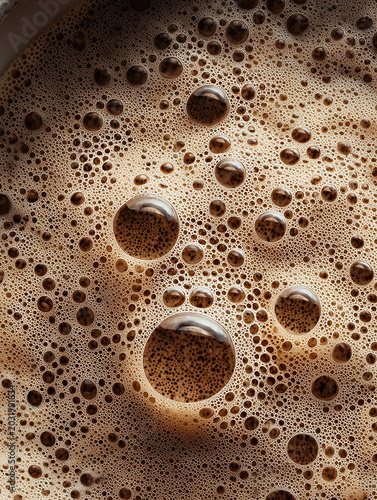Macro close-up of creamy coffee foam with rich bubbles and detailed texture creating a warm and aromatic beverage background. made with generative AI