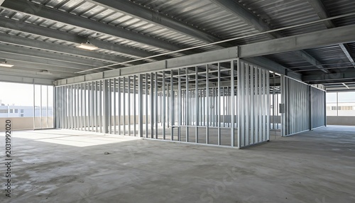 Interior construction site showing metal stud framing installation, galvanized steel profiles