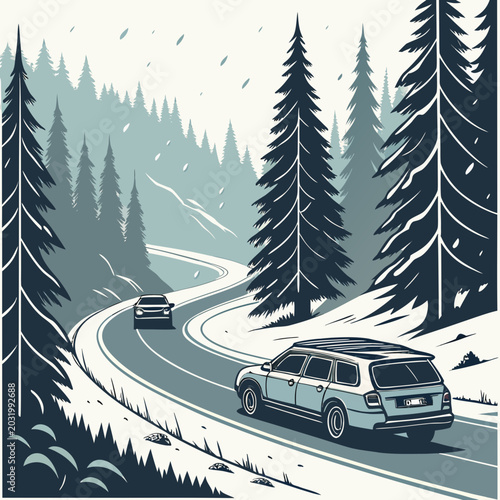 Φωτογραφία Winter road scene with automobiles and coniferous trees a stylized vector illust