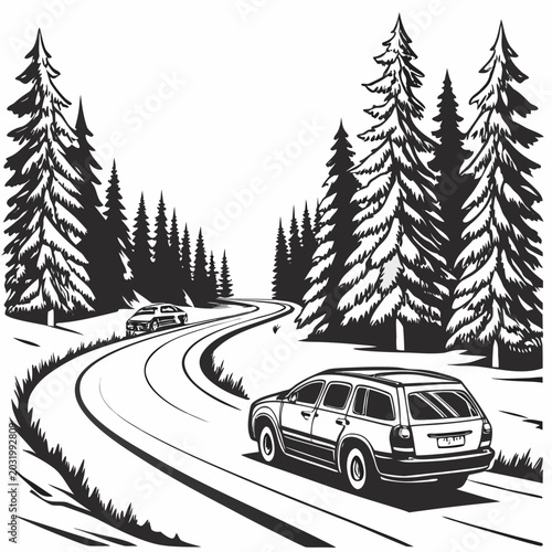 Foto Winter road scene with automobiles and coniferous trees a black and white vector