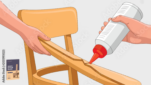 Hands applying glue to broken chair leg with wood repair guide nearby