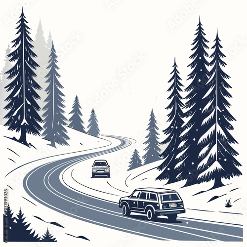 Obraz na płótnie Alpine winter scene with vehicles on a winding road surrounded by coniferous tre