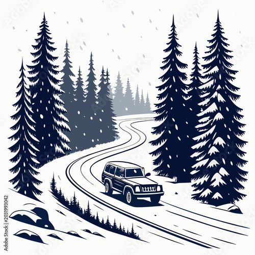 Konstfotografi Winter landscape vector illustration featuring a winding road coniferous trees a