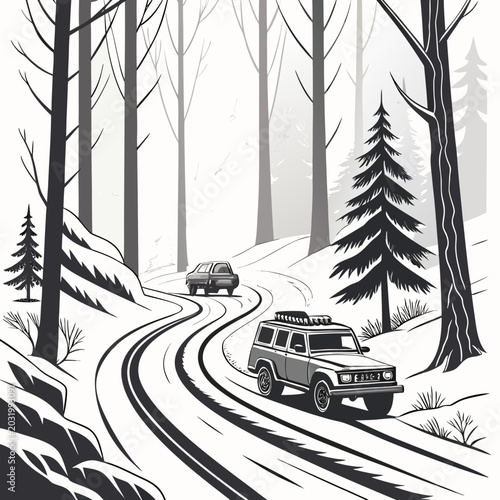 Εκτύπωση καμβά Winter forest scene with two off road vehicles depicted in a grayscale vector il