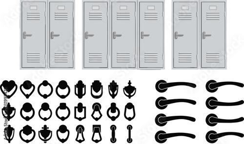 Obraz na plátne Industrial Metal Lockers Set with Black Door Knocker Silhouettes and Modern Leve