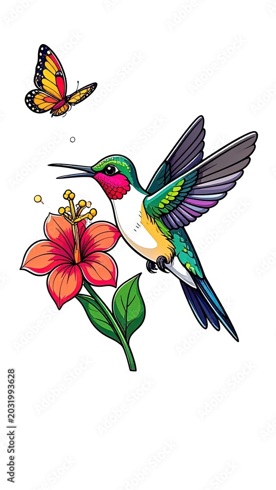Fototapeta premium Colorful hummingbird feeding on flower with butterfly.