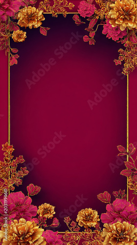 Elegant red and gold floral frame design with luxurious decorative flowers and leaves surrounding a clean copy space in the center. made with generative AI 