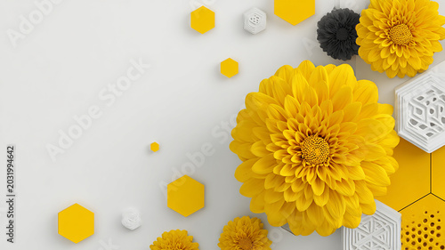 Elegant yellow chrysanthemum flowers combined with modern hexagonal geometric shapes on a soft abstract background. made with generative AI