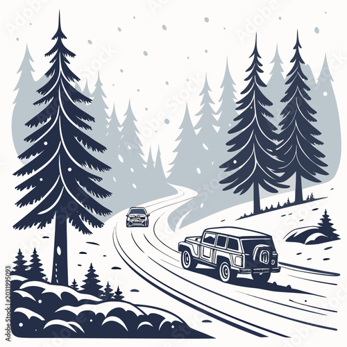 Canvas-taulu Winter landscape vector illustration depicting evergreen trees a winding road an
