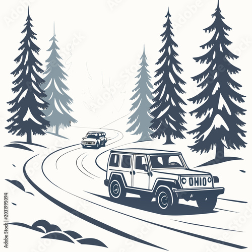 Fotografía Vector illustration of two off road vehicles driving on a winding road through a