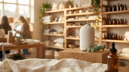 Herbal wellness store interior with products.