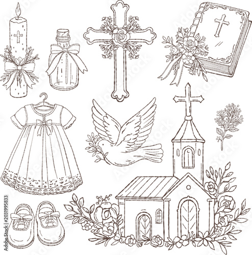 Elegant Christian baptism clipart collection in hand-drawn doodle outline style. Religious line art set with church, Bible, cross, holy water bottle, candle, dove, baby dress and vintage shoes for chr