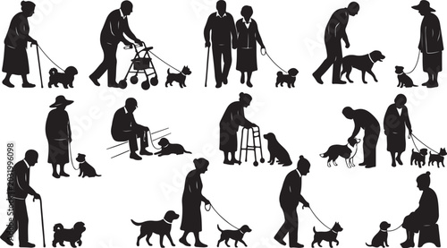 Tableau sur toile Black silhouettes of people walking and interacting with their dogs