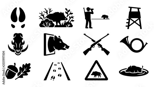Bilde på lerret Wild Boar Hunting and Forestry Silhouette Icons Set