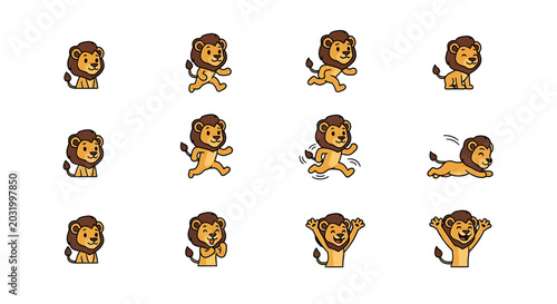 Lion cartoon stickers set different emotions and actions