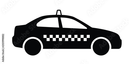 Konstfotografi Black silhouette icon of a taxi car with a checkered pattern on its side and a roof sign, isolated on white background