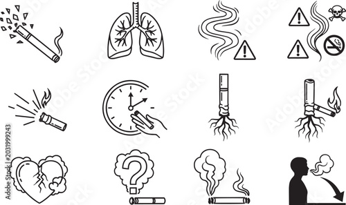 Tableau sur toile Anti-Smoking and Cigarette Danger Icon Set: Quit Tobacco, Lung Health, and Nicot