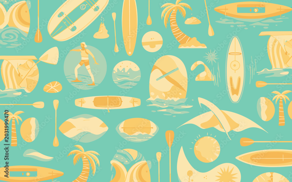 Fototapeta premium Summer beach vacation surfboard paddleboard tropical palm tree water sports illustration