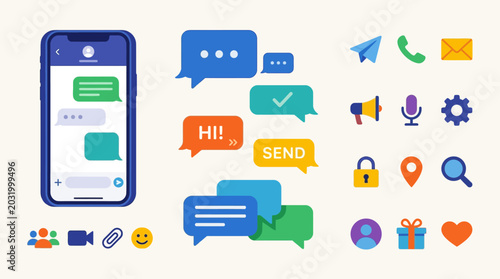 Smartphone with chat icons and symbols.
