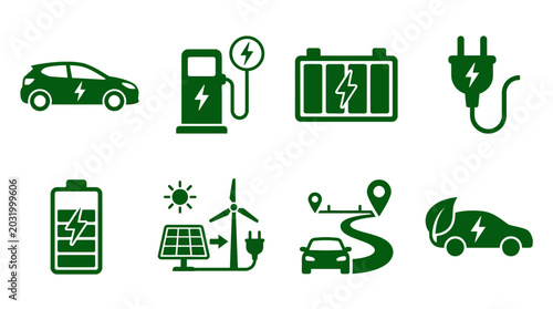 Green icons representing electric vehicles, charging stations, and renewable energy sources