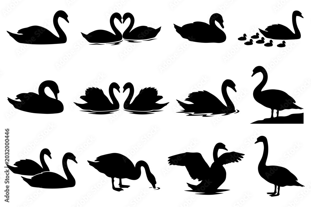 Fototapeta premium Elegant swan silhouettes: pairs, solo, and family group designs.