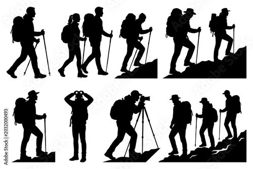 Silhouettes of diverse hikers climbing with gear and equipment.