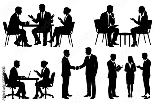 Silhouettes of business meetings and conversations between professionals.