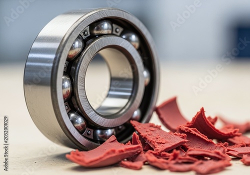 Close up of damaged bearing with red rubber seal debris nearby.