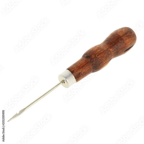 Bild auf Leinwand Sharp metal awl with wooden handle isolated on white background, leather craft s