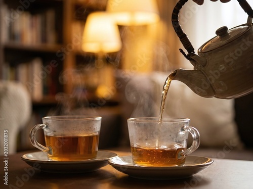 Warm tea being poured from a traditional teapot into two cups on saucers.