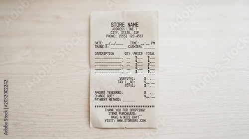 Blank generic store receipt mockup on wooden background