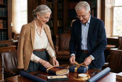 Elderly couple wrapping books in a cozy library, showcasing warmth and shared activities.