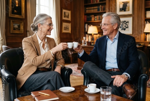 Elderly couple enjoying coffee together in a cozy library, sharing smiles and warm conversation in a tranquil setting.