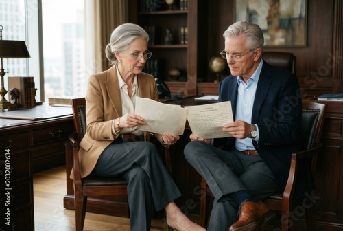 Elderly professionals discussing documents in a cozy office setting, highlighting collaboration and experience.