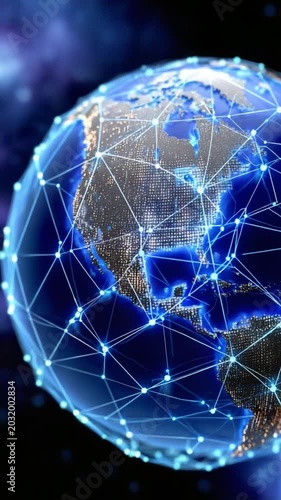 Global Network Connection: A digital representation of Earth, enveloped in a luminous network of interconnected nodes, symbolizing worldwide communication and technological advancement.