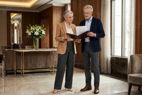 Senior business professionals discussing documents in a modern office setting with elegant decor.