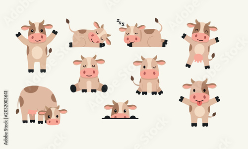 Vector illustration of cute cartoon cow in different poses set of adorable farm animal characters